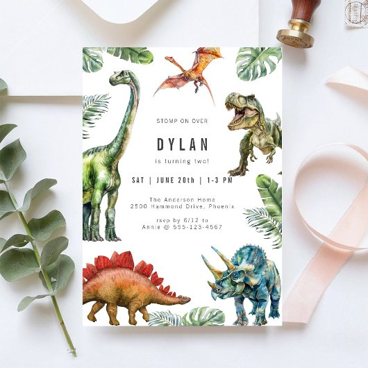 Dinosaur Kids Watercolor Birthday Invitation 招待状