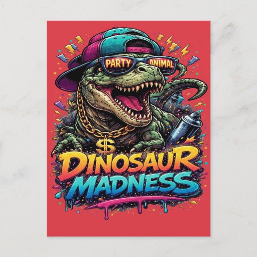 Dinosaur Madness — Party Animal T‑Rex Graphic ポストカード (正面)