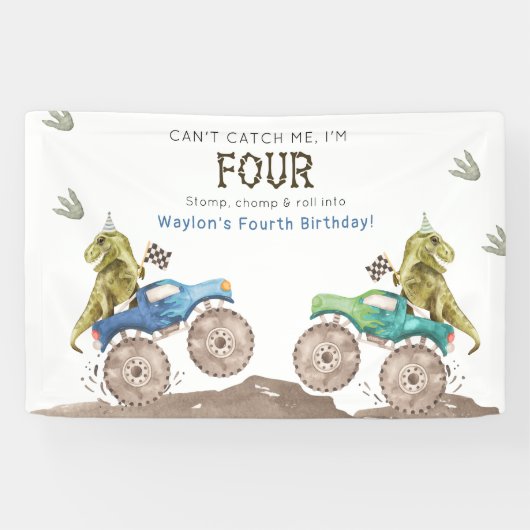 Dinosaur & Monster Truck 4th Birthday Vinyl Banner 横断幕 (横)