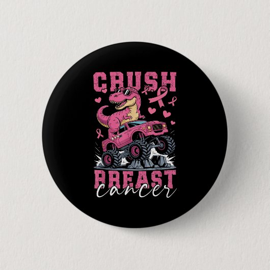 Dinosaur Monster Truck Pink Ribbon Crush Breast Ca 缶バッジ (正面)