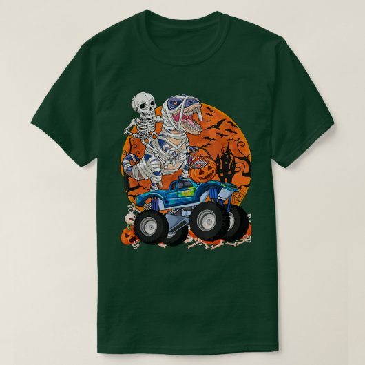 Dinosaur Mummy Riding Monster Truck Halloween  Tシャツ (デザイン正面)