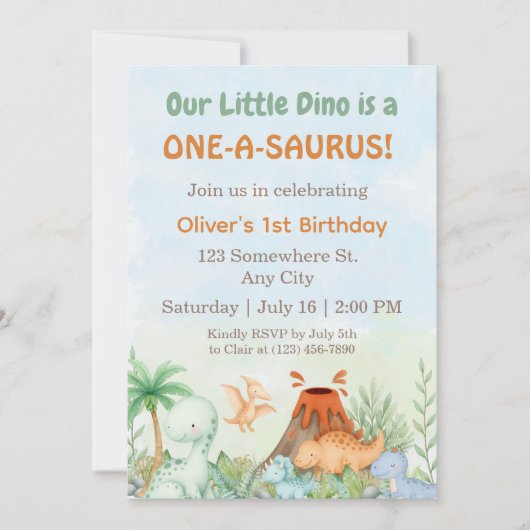 Dinosaur One-A-Saurus 1st Birthday  招待状 (正面)