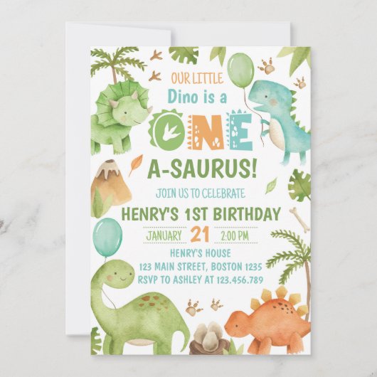 Dinosaur One-A-Saurus 1st Birthday Party 招待状 (正面)