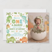 Dinosaur One-A-Saurus 1st Birthday Party Photo 招待状 (正面)