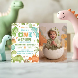 Dinosaur One-A-Saurus 1st Birthday Party Photo 招待状