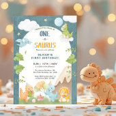 Dinosaur One-A-Saurus 1st First Birthday Party 招待状