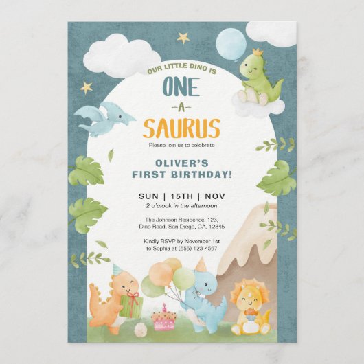 Dinosaur One-A-Saurus 1st First Birthday Party 招待状 (正面)