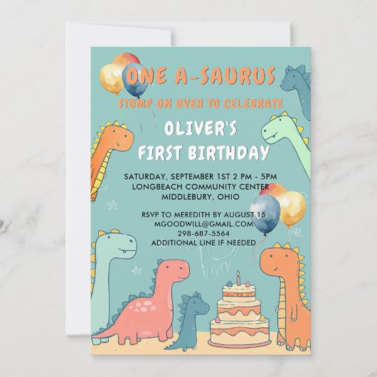 Dinosaur One-A-Saurus Boy 1st Birthday Party  招待状 (正面)
