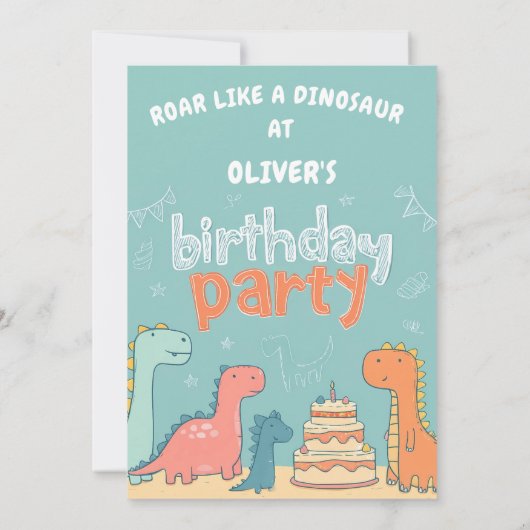 Dinosaur One-A-Saurus Boy 1st Birthday Party  招待状 (裏面)