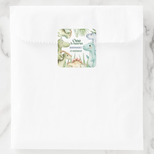Dinosaur One-A-Saurus Boy 1st Birthday Party Invit スクエアシール (バッグ)