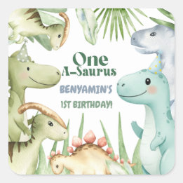 Dinosaur One-A-Saurus Boy 1st Birthday Party Invit スクエアシール