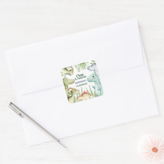 Dinosaur One-A-Saurus Boy 1st Birthday Party Invit スクエアシール (封筒)