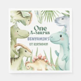 Dinosaur One-A-Saurus Boy 1st Birthday Party Invit スタンダードランチョンナプキン