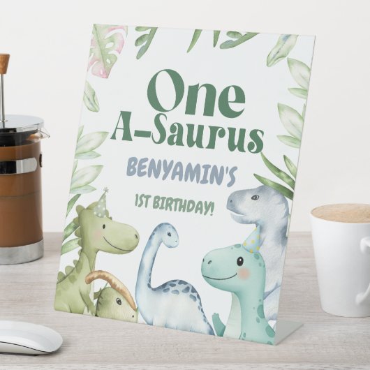 Dinosaur One-A-Saurus Boy 1st Birthday Party Invit 台座サイン (インサイチュ)