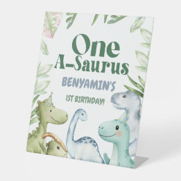 Dinosaur One-A-Saurus Boy 1st Birthday Party Invit 台座サイン