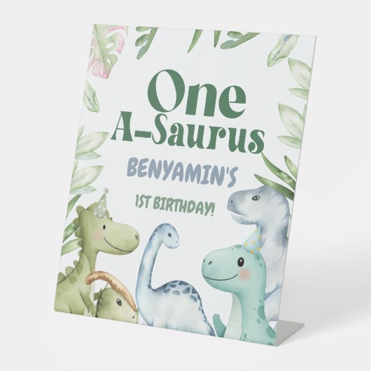 Dinosaur One-A-Saurus Boy 1st Birthday Party Invit 台座サイン (正面)