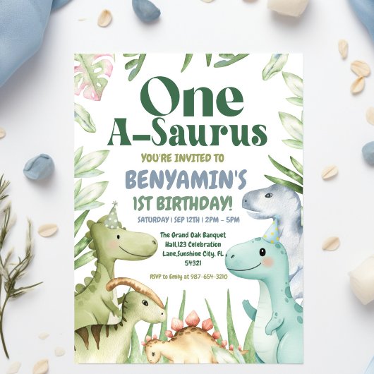 Dinosaur One-A-Saurus Boy 1st Birthday Party Invit 招待状