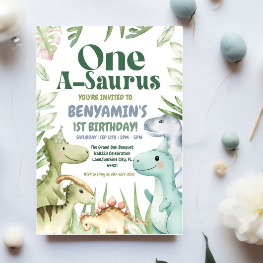 Dinosaur One-A-Saurus Boy 1st Birthday Party Invit 招待状