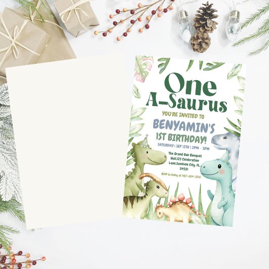 Dinosaur One-A-Saurus Boy 1st Birthday Party Invit 招待状
