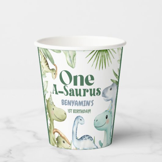 Dinosaur One-A-Saurus Boy 1st Birthday Party Invit 紙コップ (正面)