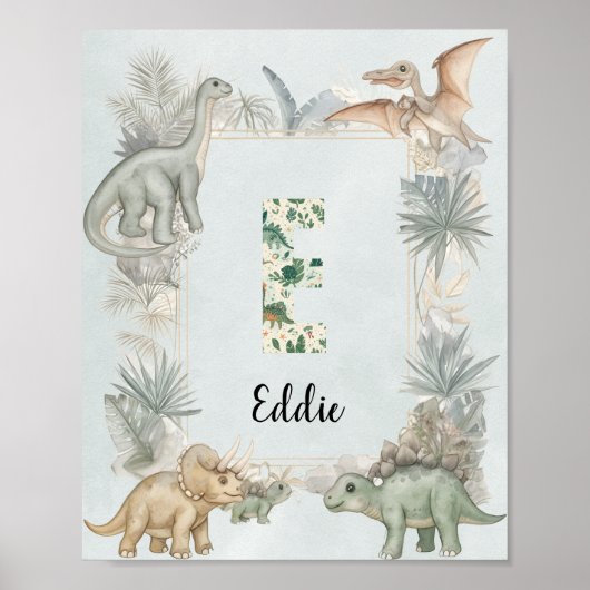 Dinosaur Personalized Name Monogram E Nursery ポスター (正面)