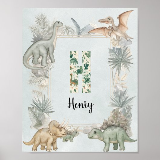 Dinosaur Personalized Name Monogram H Nursery ポスター (正面)