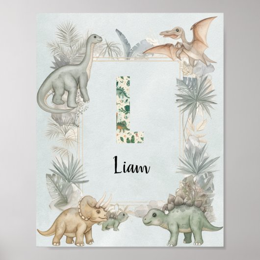 Dinosaur Personalized Name Monogram L Nursery ポスター (正面)