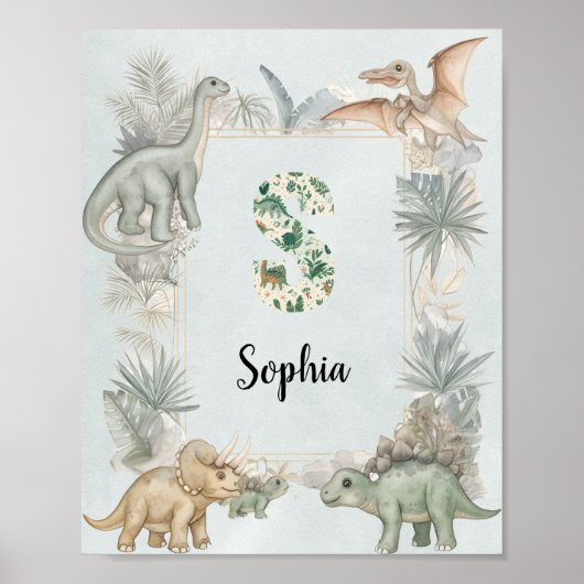 Dinosaur Personalized Name Monogram S Nursery ポスター (正面)