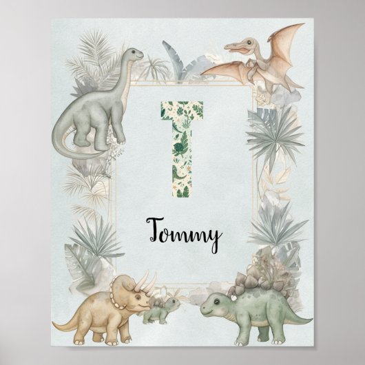 Dinosaur Personalized Name Monogram T Nursery ポスター (正面)