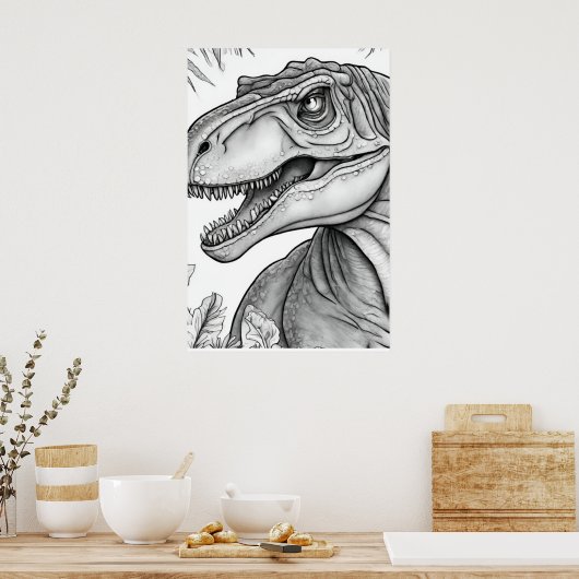 Dinosaur Picture Black + White Wall Poster ポスター (キッチン)