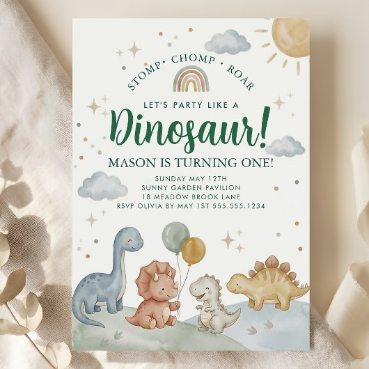Dinosaur Rawr Chomp Rawr 1st Birthday Party Boy  招待状