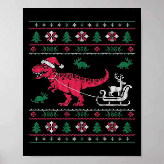 Dinosaur Reindeer Sleigh Ugly Christmas ポスター (正面)
