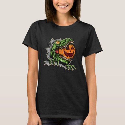 Dinosaur Rex Eat Pumpkin Scary Halloween Tシャツ (正面)