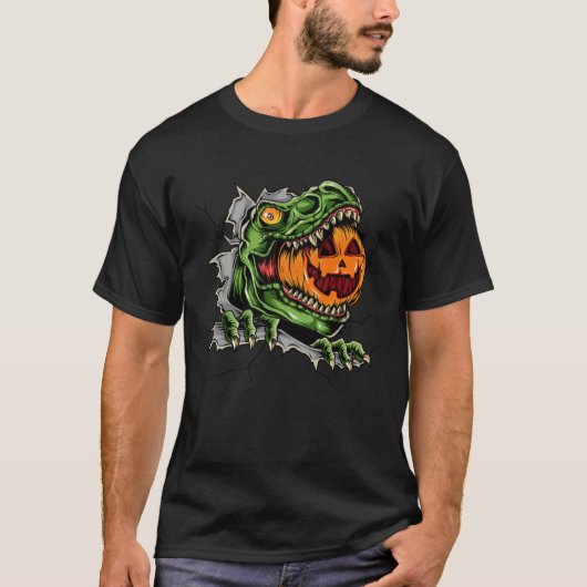 Dinosaur Rex Eat Pumpkin Scary Halloween Tシャツ (正面)