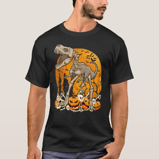 Dinosaur rex Skeleton Pumpkin With Moon Halloween  Tシャツ (正面)