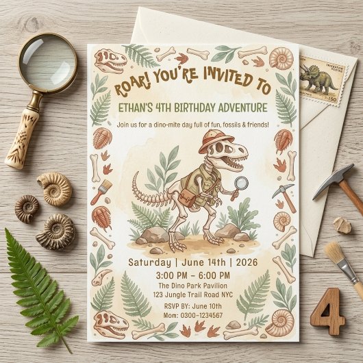 Dinosaur Skeleton Paleontologist Boy 4th Birthday 招待状