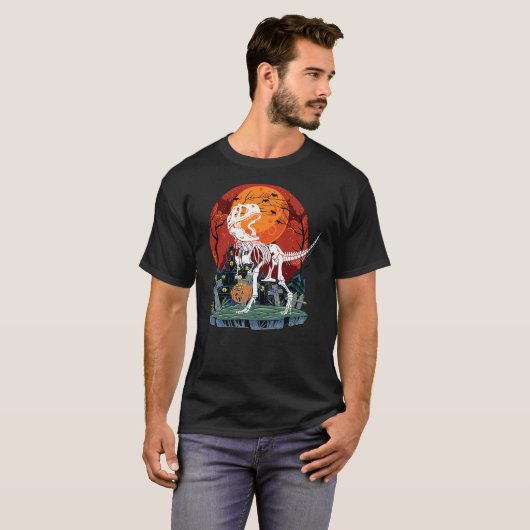 Dinosaur Skeleton T rex Scary Pumpkin Moon Hallowe Tシャツ (正面フル)