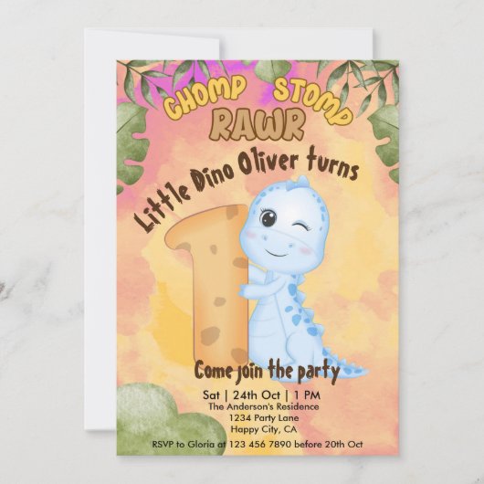 Dinosaur Stomp Chomp Rawr 1st birthday party  招待状 (正面)