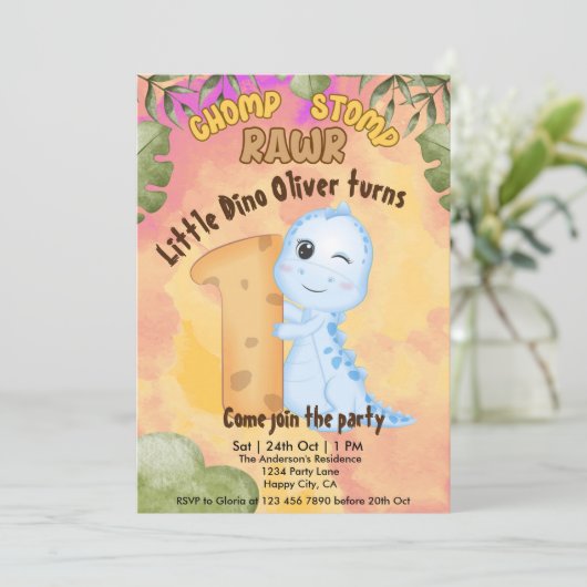 Dinosaur Stomp Chomp Rawr 1st birthday party  招待状 (スタンド正面)