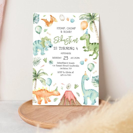 Dinosaur Stomp Chomp Roar Birthday Party 招待状