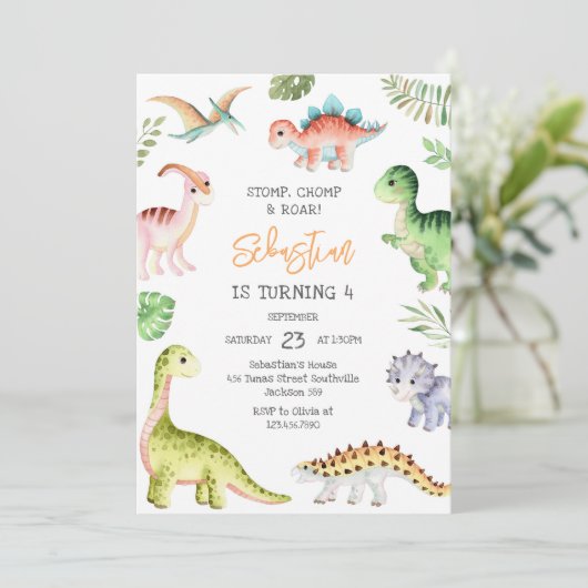 Dinosaur Stomp Chomp Roar Birthday Party 招待状 (スタンド正面)