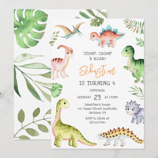 Dinosaur Stomp Chomp Roar Birthday Party 招待状 (正面/裏面)