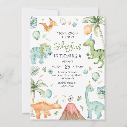 Dinosaur Stomp Chomp Roar Birthday Party 招待状 (正面)