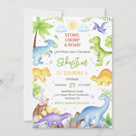 Dinosaur Stomp Chomp Roar Birthday Party  招待状 (正面)