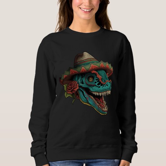 Dinosaur Sugar Skull Sombrero Mexican Cinco de may スウェットシャツ (正面)