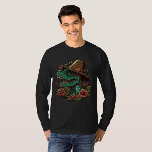 Dinosaur Sugar Skull With Sombrero Mexican Cinco d Tシャツ (正面フル)
