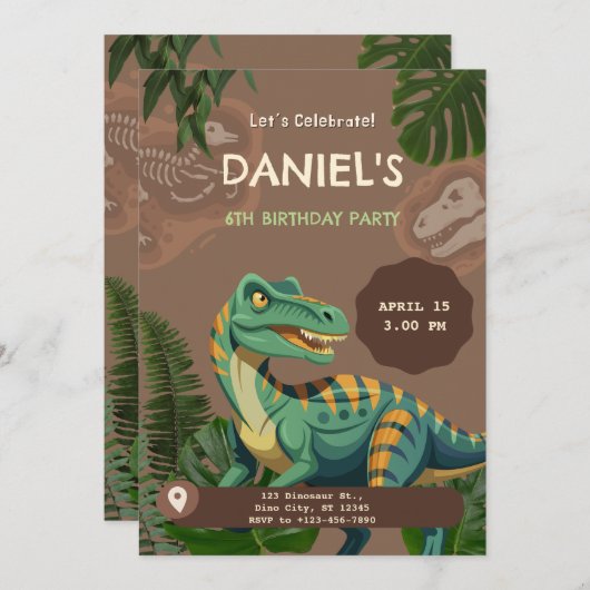 Dinosaur T-Rex Birthday Party 招待状 (正面/裏面)