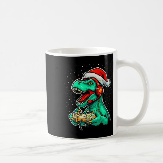 Dinosaur T Rex Playing Video Game Santa Hat Christ コーヒーマグカップ (右)