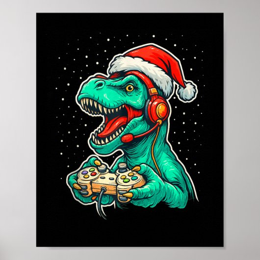 Dinosaur T Rex Playing Video Game Santa Hat Christ ポスター (正面)