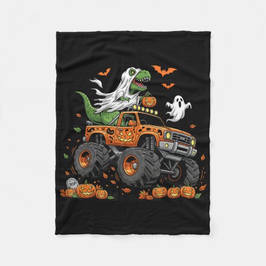 Dinosaur T-rex Riding Monster Truck Halloween Men  フリースブランケット (正面)